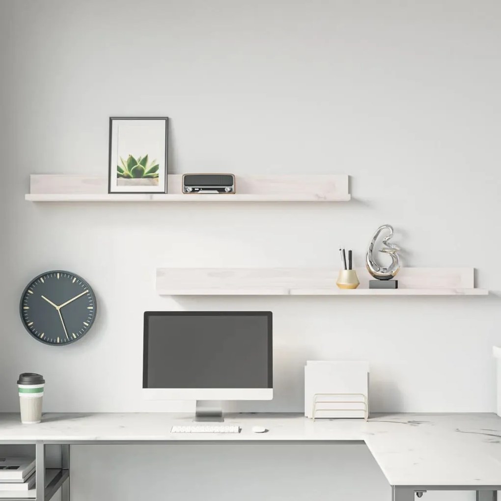 823610 vidaXL Стенни рафтове, 2 бр, бели, 110x11x9 см, масивно борово дърво