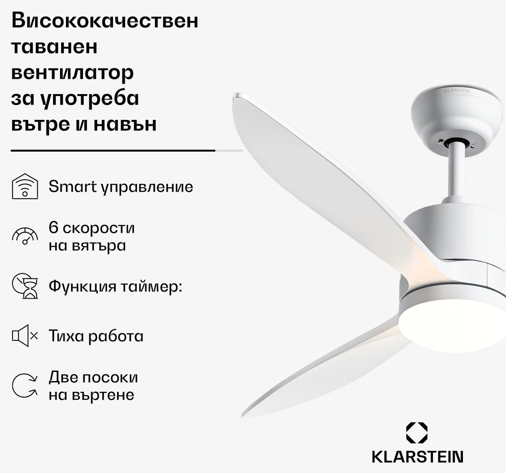 Klarstein Таванен вентилатор SkyBreeze Smart, Използване на открито и закрито, Интелигентно управление, IP44, 40 dB