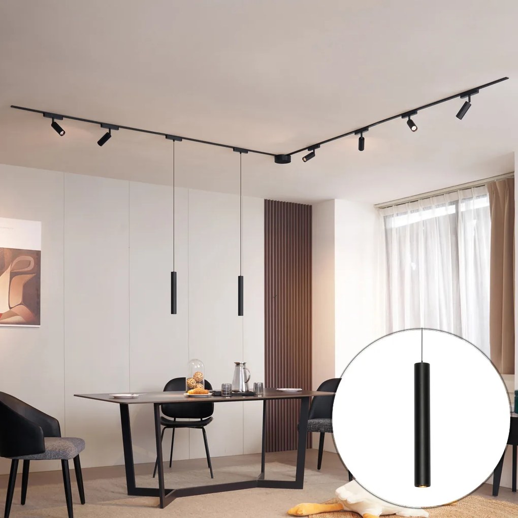 Релсова осветителна система с 6 прожектора и 2 висящи лампи черна 1-фазна - Magnetic Samson Cassie