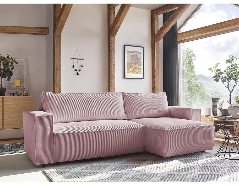 Светлорозов велурен разтегателен диван Nihad - Bobochic Paris