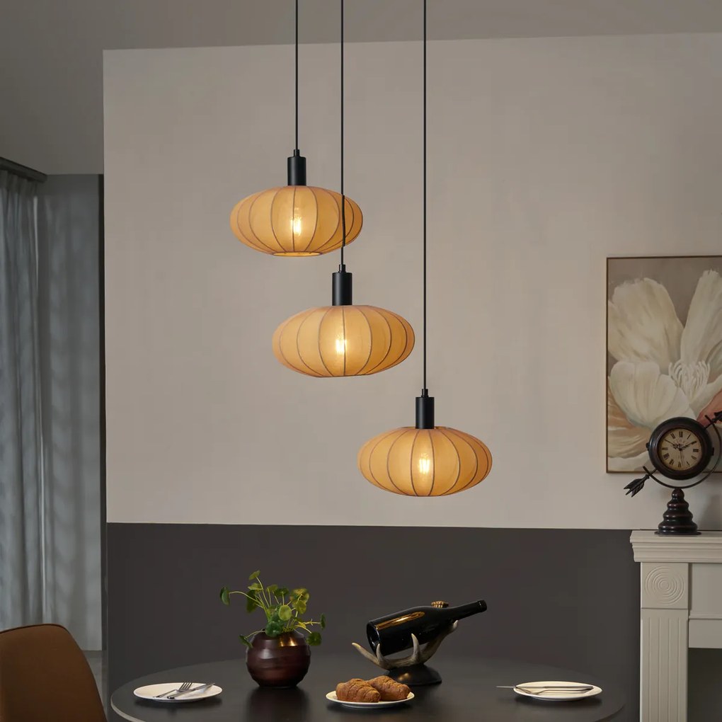 Japandi висяща лампа черна с кафяв текстилен абажур 3 светлини - Bida