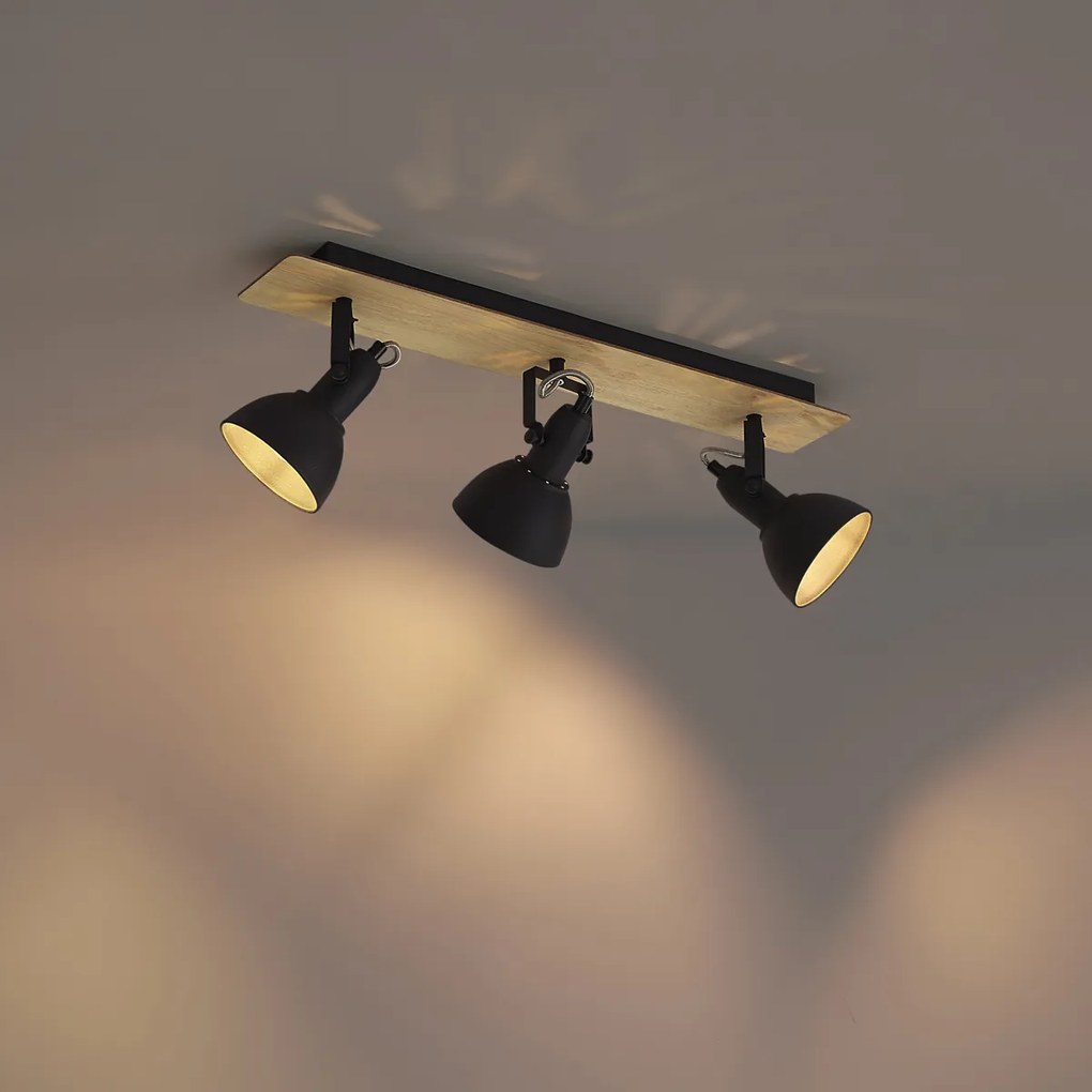 Таванен прожектор черен с дърво 3 светлини въртящи се и накланящи се - Jakub