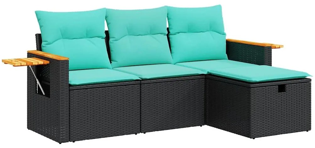 3325949 vidaXL Градински диван от 4 части с възглавници, черен, полиратан