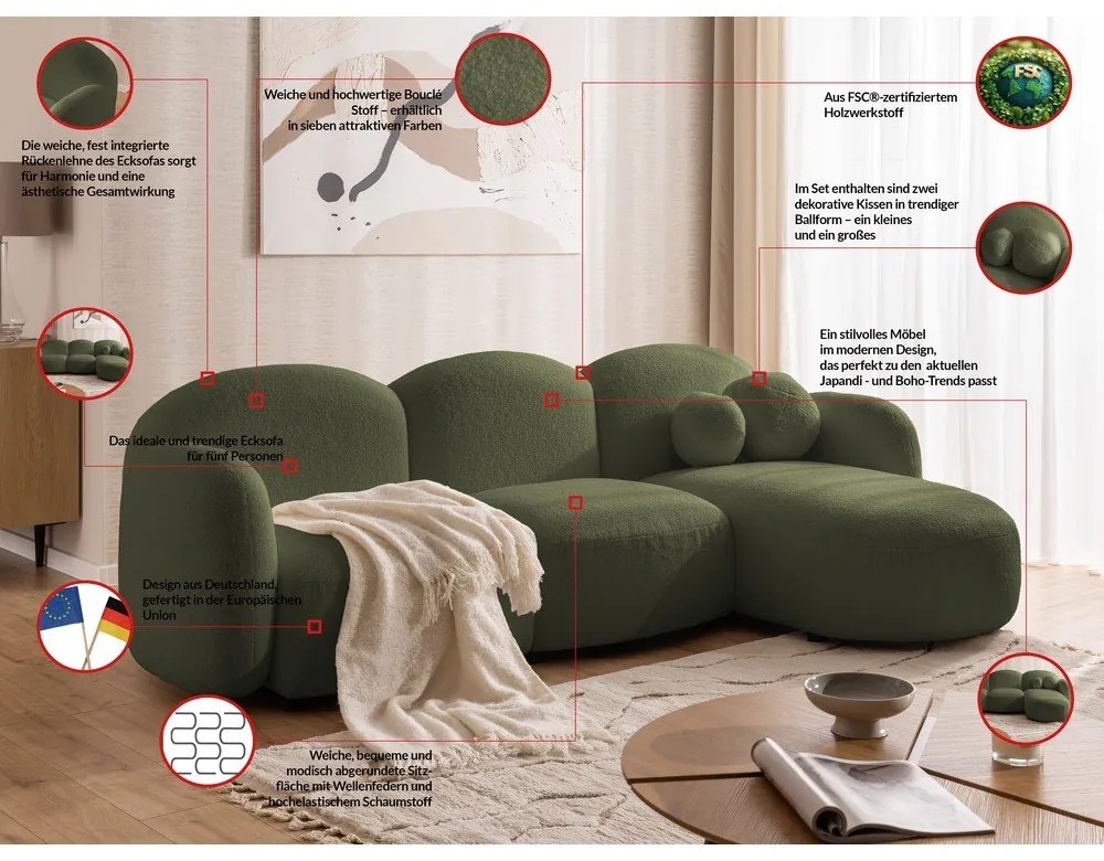 Зелен ъглов диван от прежда с примки от букле (десен ъгъл) Orbit – Ropez