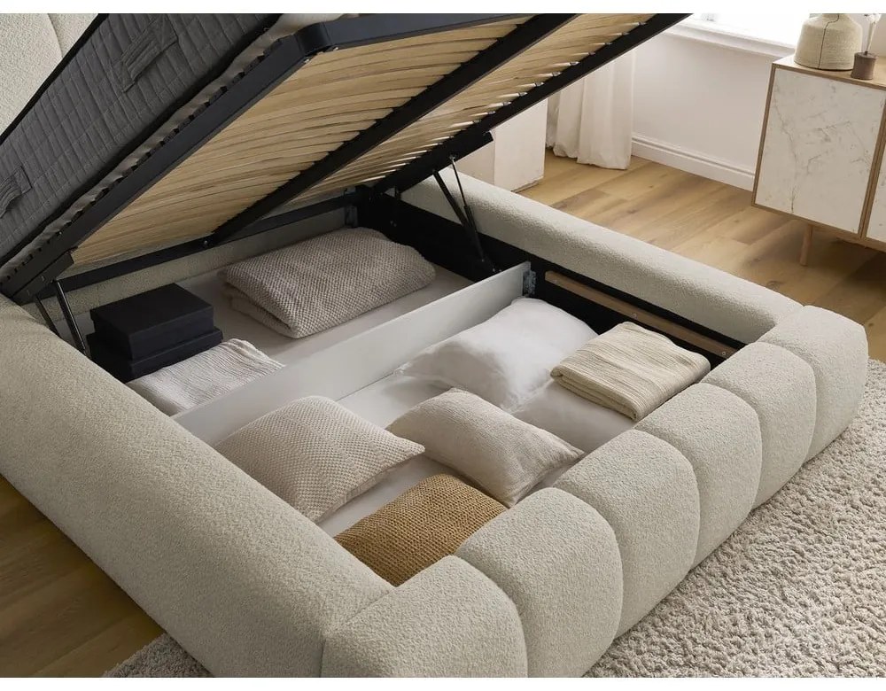 Бежово двойно тапицирано легло с място за съхранение с включена подматрачна рамка 180x200 cm Denali – Bobochic Paris