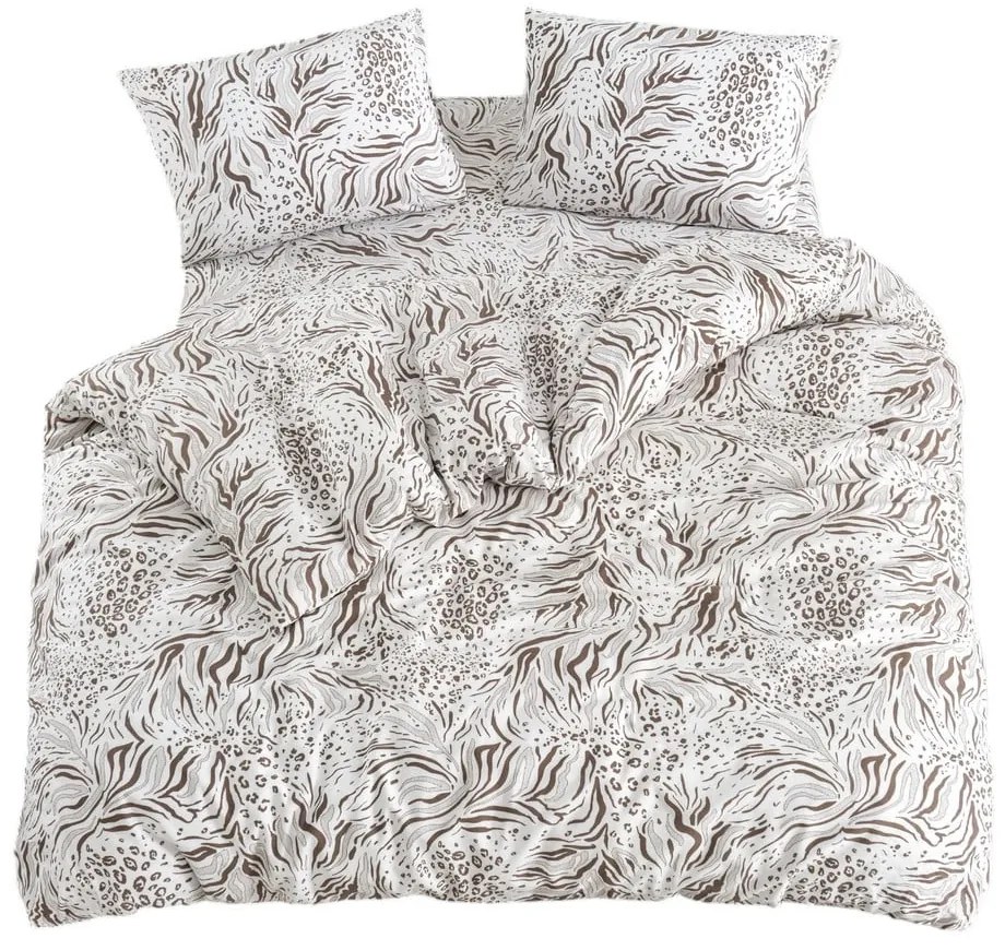 Бяло-кафяво двойно удължено спално бельо с включен долен чаршаф 4 части 200x220 cm Floral – Mila Home