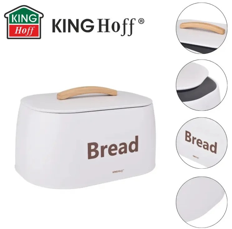 Кутия за хляб Kinghoff KH 1947, 35 см, Метално тяло, Дървена дръжка, Бял