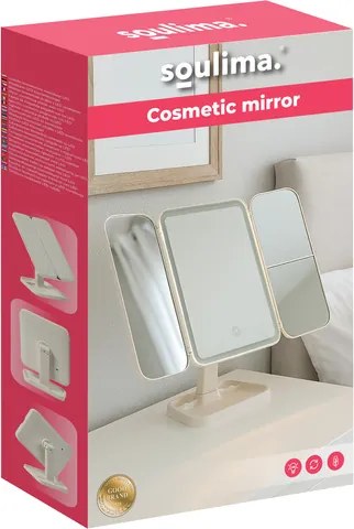 Козметично огледало Soulima с LED осветление, увеличителна функция и възможност за сгъване, 4 в 1 за грим, бяло