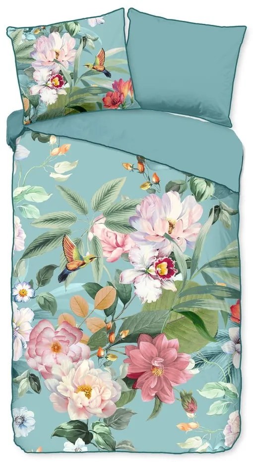 Синьо единично удължено спално бельо от памучен сатен 140x220 cm Fungi – Descanso