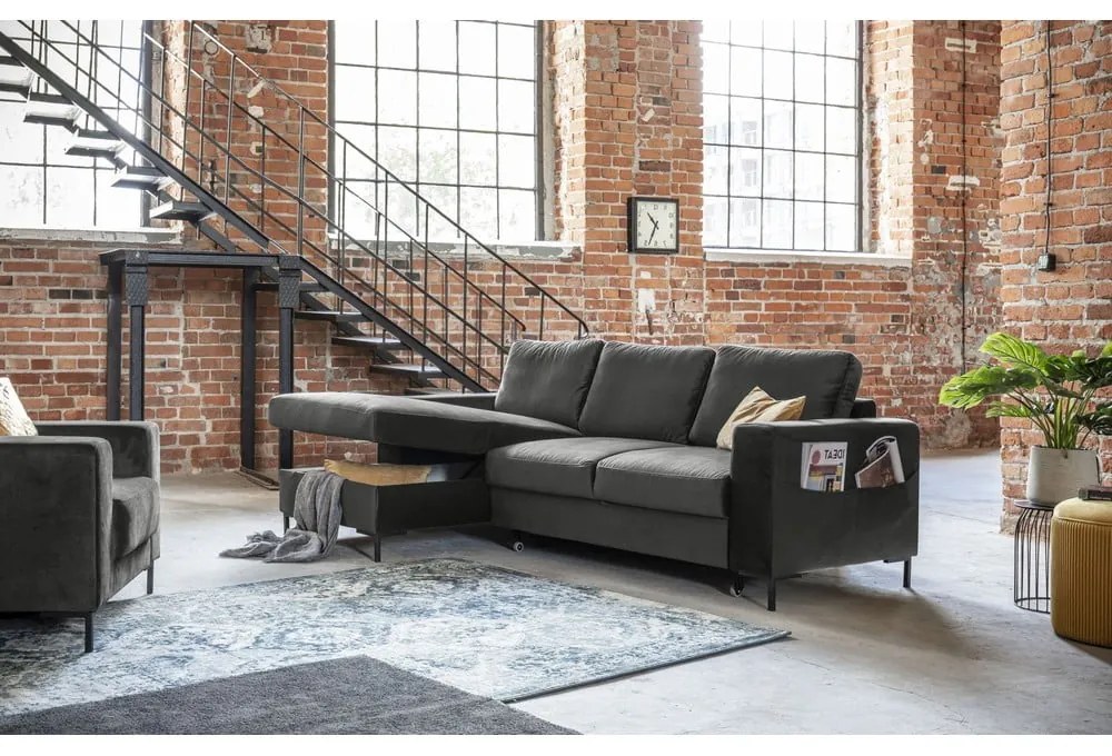 Тъмносиво кадифено ъглово канапе, ляв ъгъл Lofty Lilly - Miuform