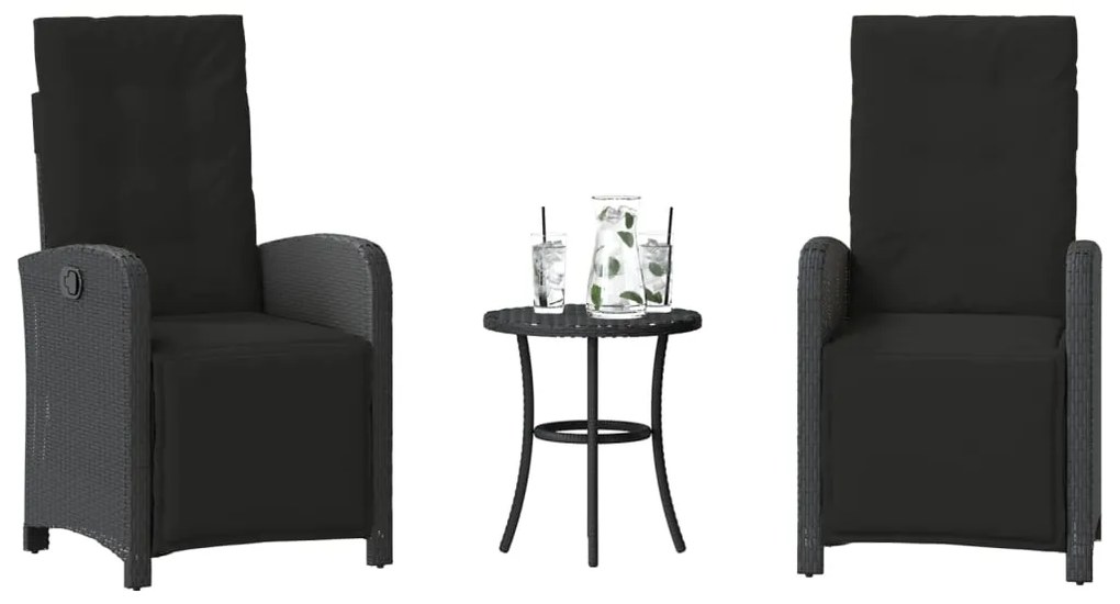 365201 vidaXL Бистро комплект с възглавници 3 части черен полиратан