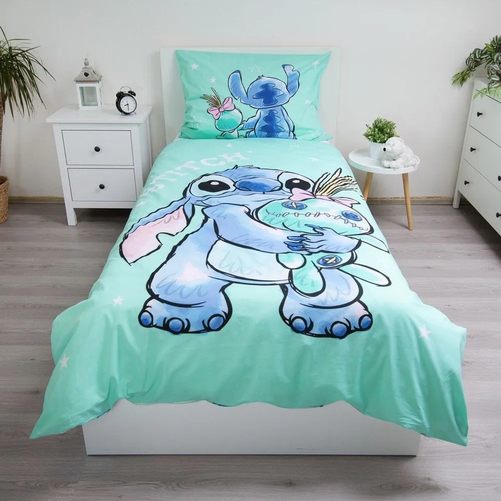 Единично памучно детско спално бельо в цвят мента 140x200 cm Lilo &amp; Stitch "Buddies" – Jerry Fabrics
