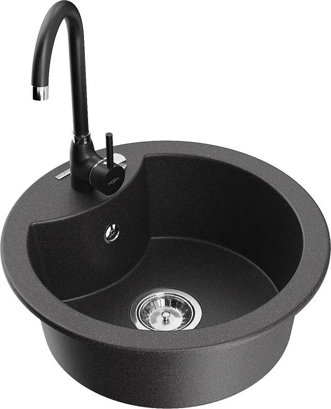 Mexen Diego еднокоморна гранитна мивка с кухненски смесител Telma, черен накрапчан - 6512-76-670200-70