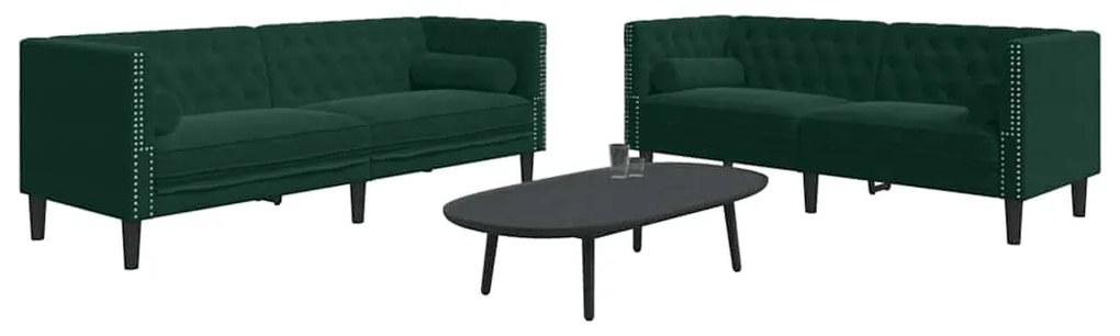 3209293 vidaXL Комплект 2 дивана Честърфийлд, с възглавници, зелено, кадифе