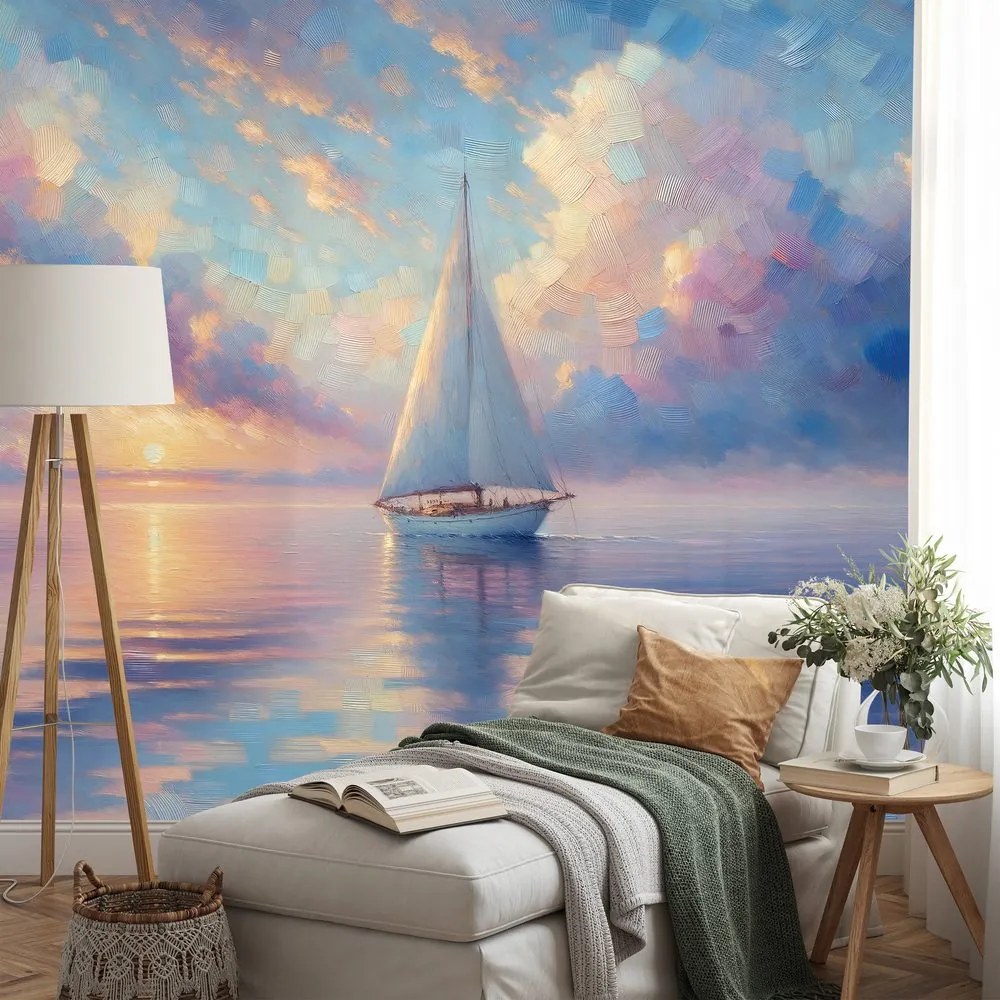 Самозалепващ тапет – Платноходка в спокойно море при залез