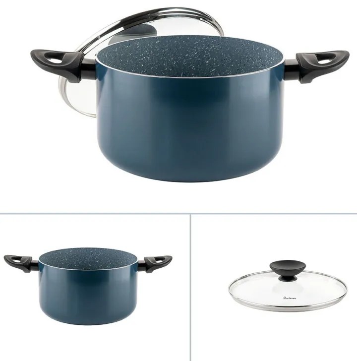 Дълбока тенджера Luigi Ferrero Prima FR-2245D, 22x13 см, 4.5 л, Незалепващо покритие с мраморен ефект, Индукция, Стъклен капак с отвор, Тъмносин