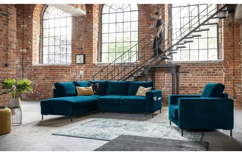 Тюркоаз кадифен разтегателен ъглов диван (ляв ъгъл) Lofty Lilly – Miuform