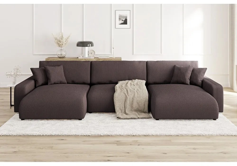 Кафяв ъглов диван с място за съхранение от рипсено кадифе Sara – Ropez