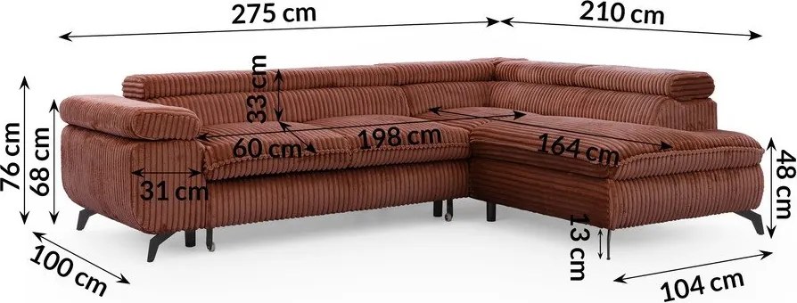 Теракотен ъглов диван от рипсено кадифе (десен ъгъл L форма) Marbeya – Ropez