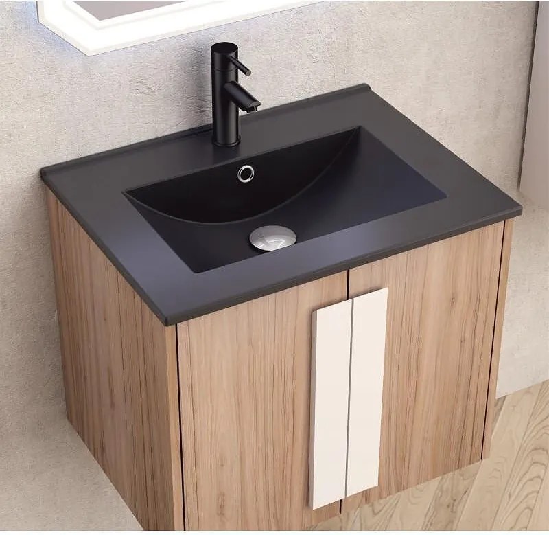 Конзолен PVC шкаф BG 6451-1 + 5953B-2 ЧЕРЕН МАТ, Inter Ceramic, черен + дървесен, 60x45x50см