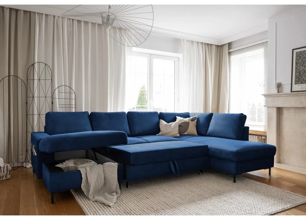 Тъмносин разтегателен ъглов диван от рипсено кадифе (десен ъгъл) Lofty Lilly – Miuform