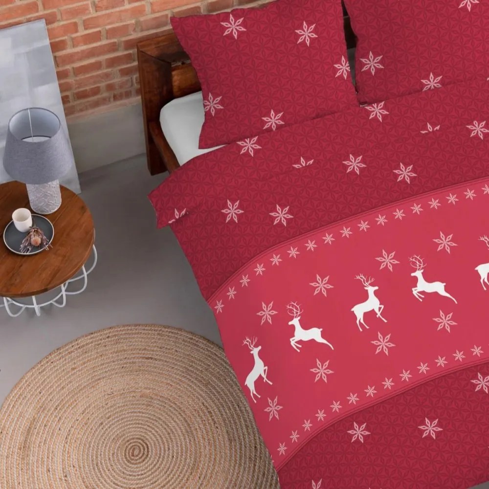 Коледно фланелено спално бельо - червено с бели елени Ширина: 160 см | Дължина: 200 см