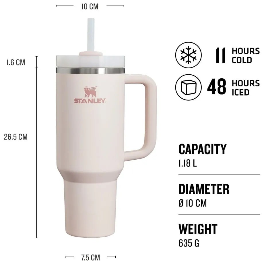 Светлорозов термос със сламка от неръждаема стомана 1,18 l Quencher H2.0 FlowState Tumbler Rose Quartz – Stanley