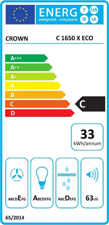 Абсорбатор за вграждане Crown C 1650 X ECO, 60 см, Клас C, 300 m3/h, 3 степени, Алуминиев филтър, Инокс