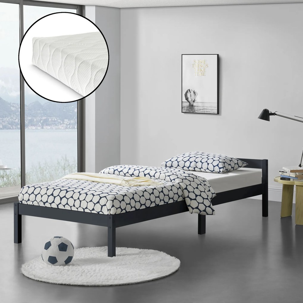 Wooden Bed Nakkila 90x200 cm with Cold Foam Mattress Dark Grey