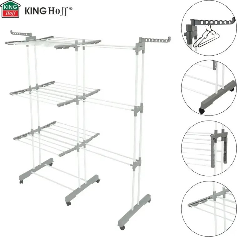 Сушилник за дрехи Kinghoff KH 2044, 30 м, До 30 кг, 3 нива, Колелца, Стомана, Бял/сив