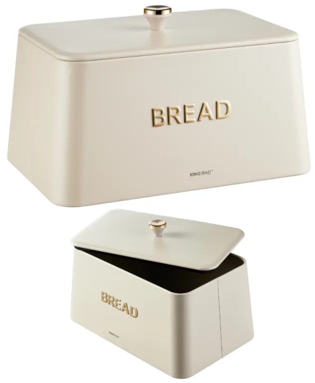 Кутия за хляб Kinghoff KH 1950, 35 см, Метално тяло, Бамбуков капак, Бежов/златист