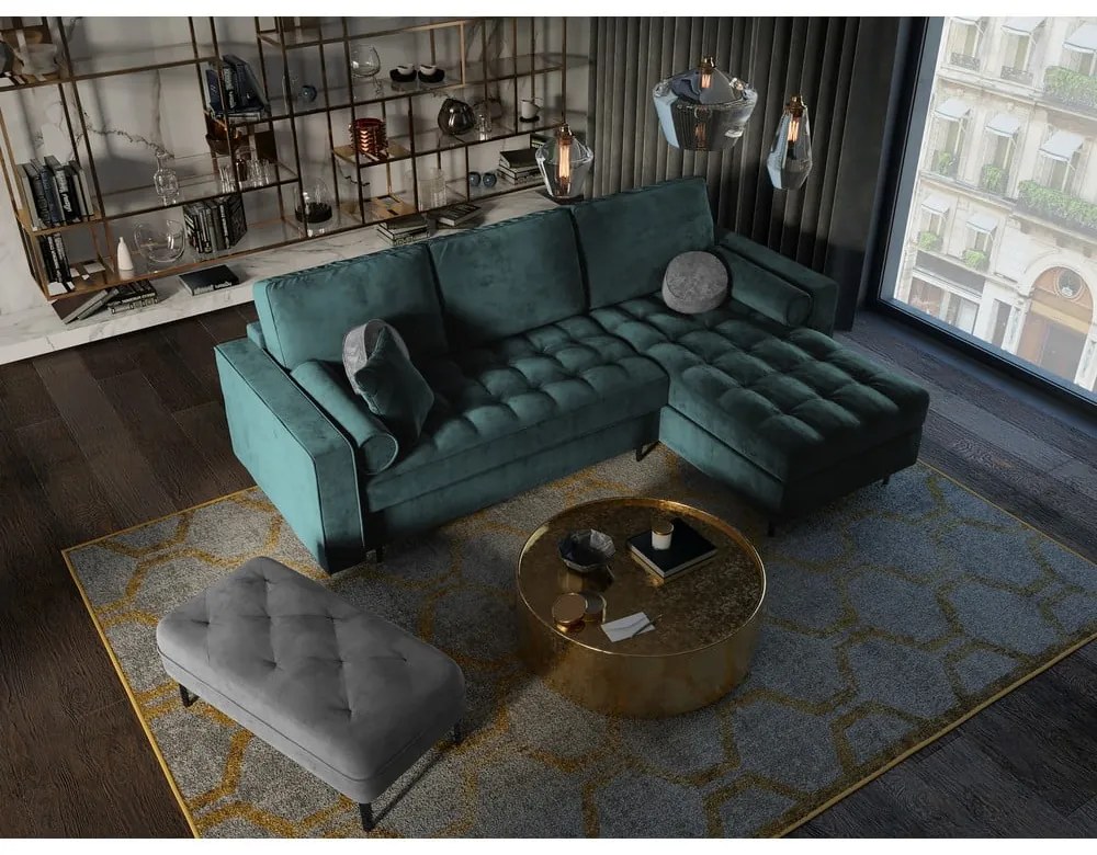 Ъглов разтегателен диван от кадифе в петролено зелено, десен ъгъл Santo - Milo Casa