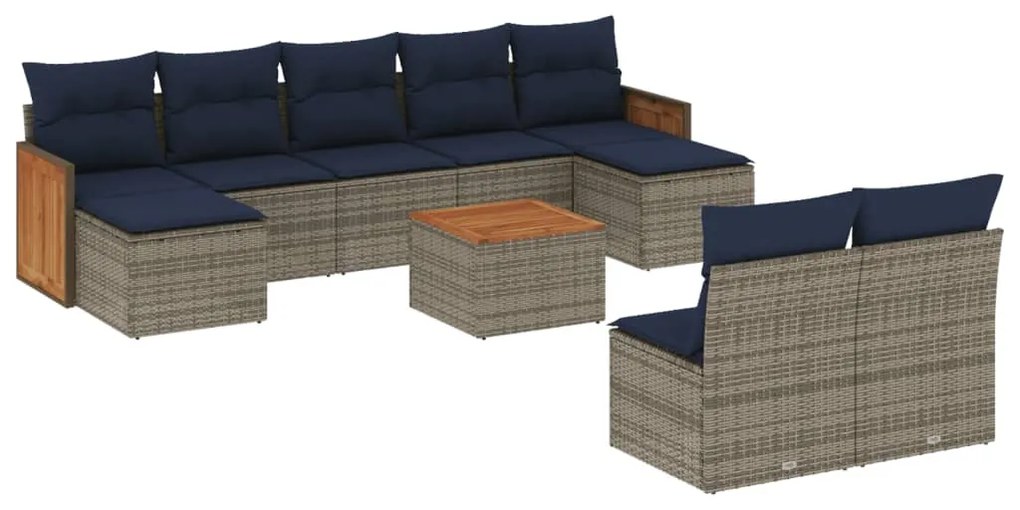 3260465 vidaXL Градински диван с възглавници, 10 части, полиратан, сив