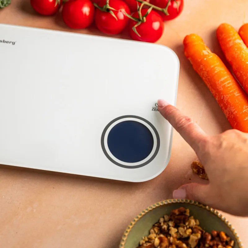 Кухненска везна Klausberg KB 7938, 5 Kg, Bluetooth, Мобилно приложение, LCD, ТАРА, 4 показателя, Течности, Индикатори, Бял/син