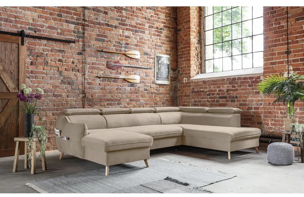 Бежов кадифен U-образен ъглов диван (десен ъгъл) Sweet Harmony - Miuform