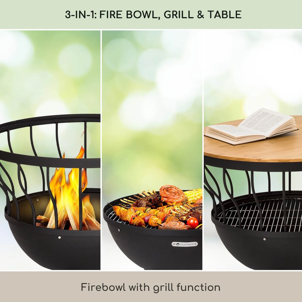 Blumfeldt Nantai 3 в 1, огнище с грил и маса, Ø 66 см, скара за барбекю: Ø 50 см, стомана, бамбуков плот