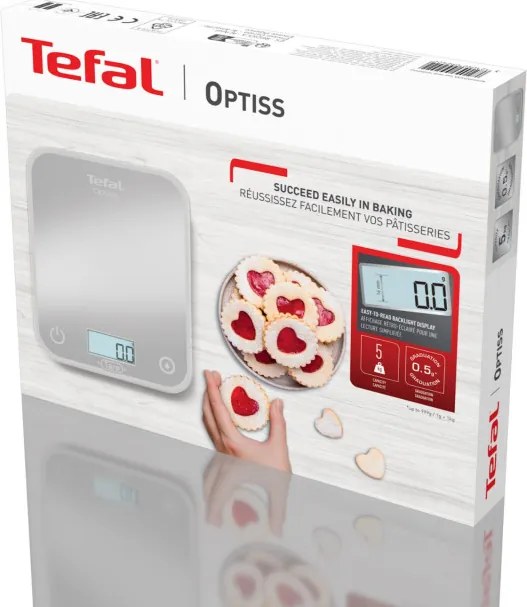 Кухненска везна Tefal Optiss BC50U4V0, До 5 кг, ТАРА, LCD, Стъкло, Големи цифри, Сребрист