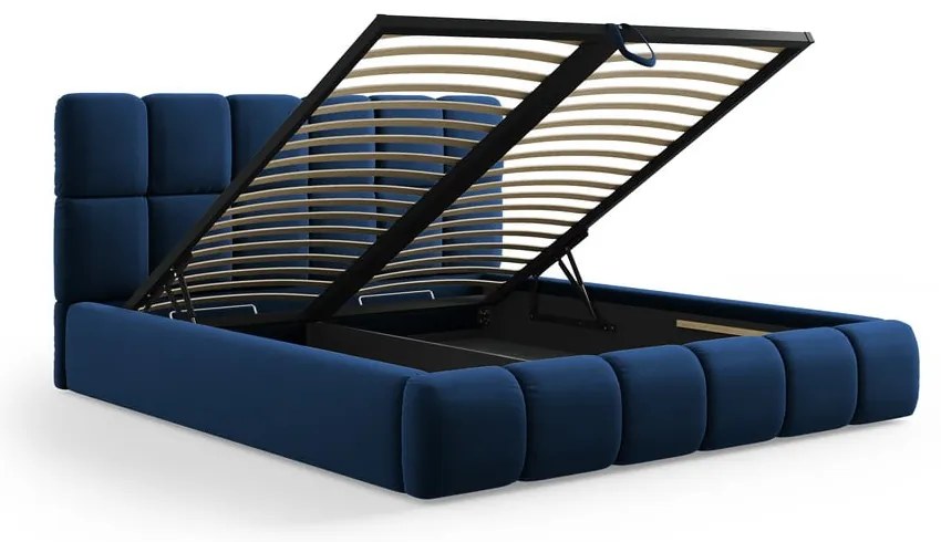 Тъмносиньо тапицирано кадифено двойно легло с място за съхранение с включена подматрачна рамка 160x200 cm Bellis – Micadoni
