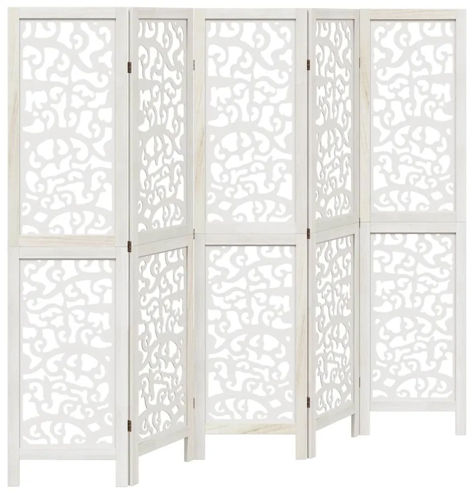 358741 vidaXL Разделител за стая, 5 панела, бял, дърво пауловния масив