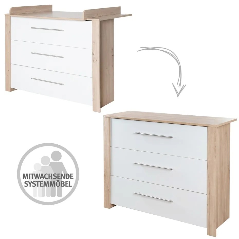 Нисък детски скрин от дъб с масичка за преповиване в бял и естествен цвят 112x98 cm - Roba