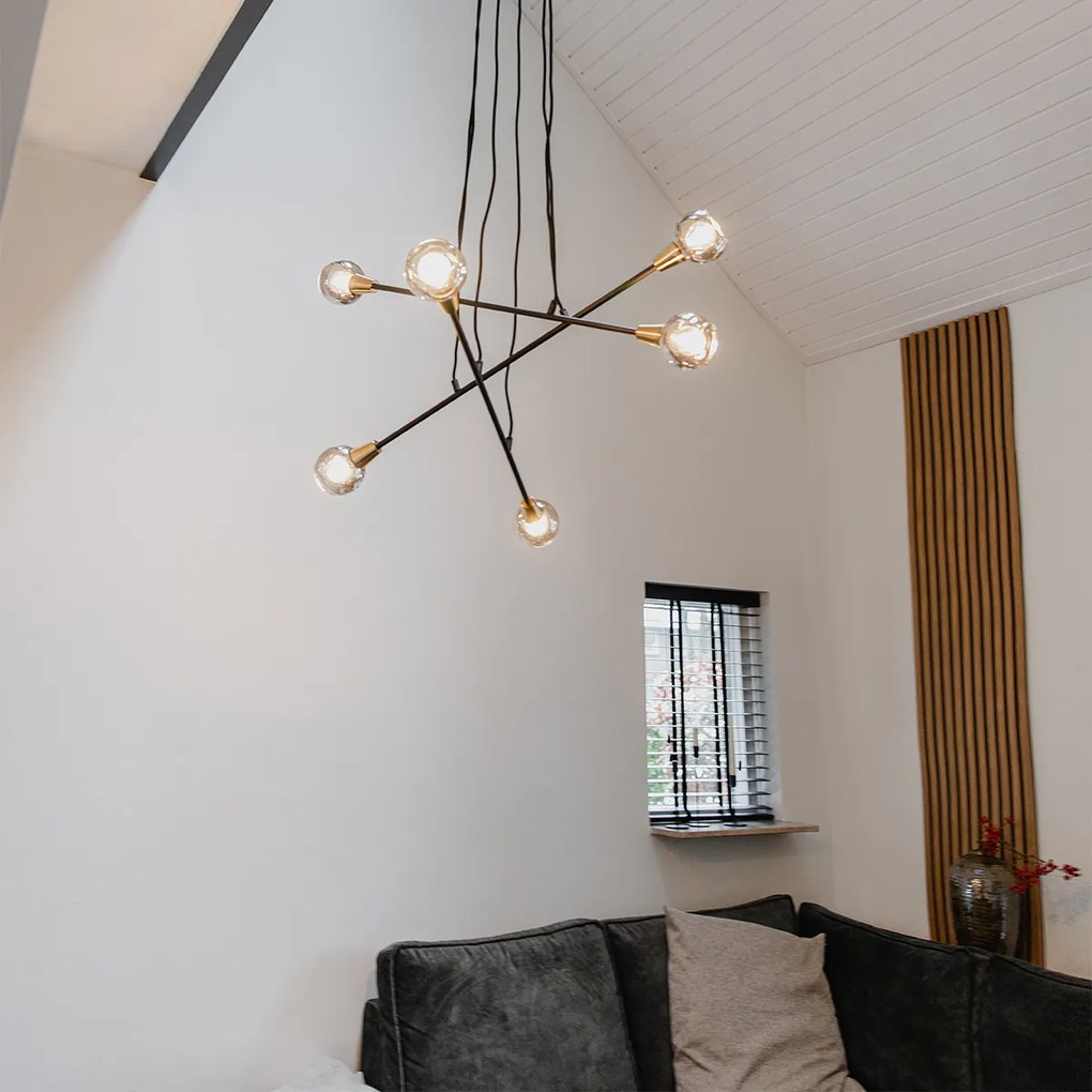 Висяща лампа черна с месинг и опушено стъкло 6-светлина - Vidro