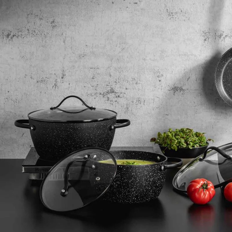 Тенджера Luigi Ferrero Symphony FR-2410, 24x11.5 см, 4.3 л, Незалепващо покритие, Стъклен капак с отвор за пара, Стоманени дръжки с PVD, Индукция, Черен мрамор