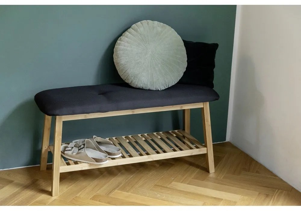 Черен/естествен бамбуков стелаж за обувки с пейка Ecori - Wenko