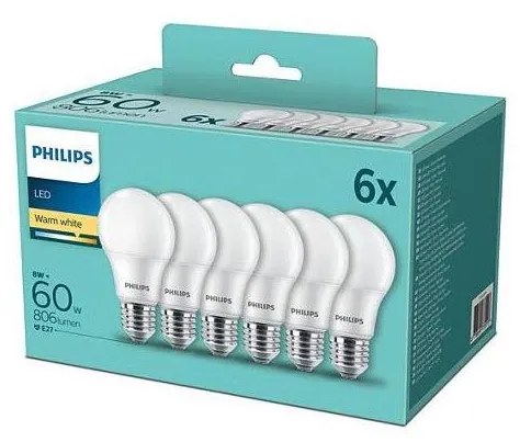 КОМПЛЕКТ 6x LED Крушка Philips A60 E27/8W/230V 2700K