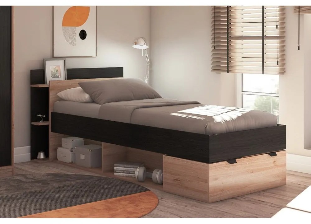 Черно-естествено единично легло 90x200 cm от декор от дъб с място за съхранение без ламелно дъно Albo – Marckeric