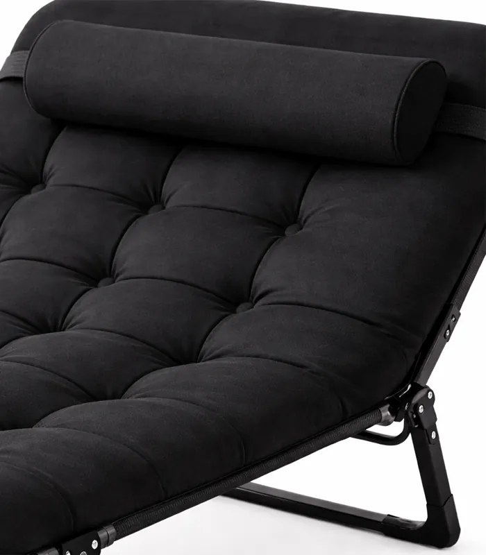 Черно туристическо легло, къмпинг шезлонг 180 см с възглавница и облегалка за глава