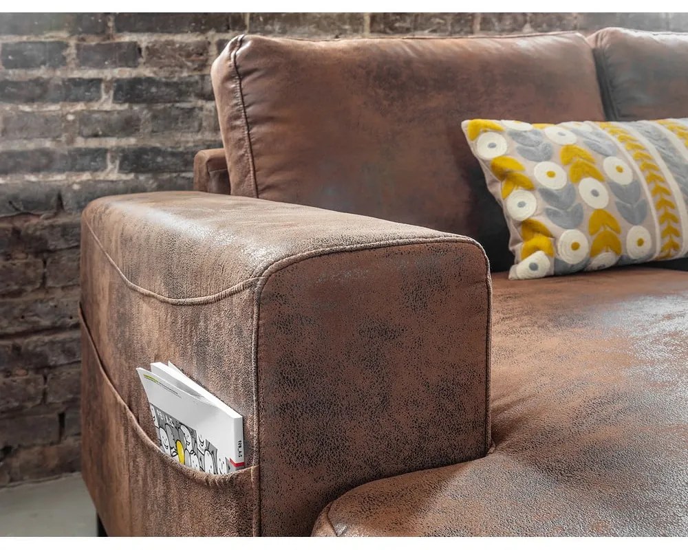 Кафяв U-образен разтегателен диван с имитация на кожа Vintage, десен ъгъл Lofty Lilly - Miuform