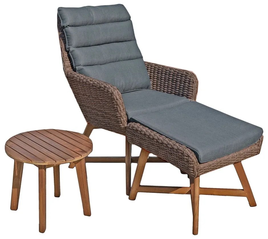 Комплект от кафяв градински фотьойл с табуретка за крака и маса ADDU Caliva - Garden Pleasure