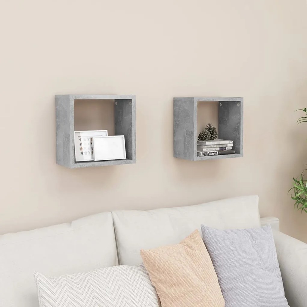 807037 vidaXL Стенни кубични рафтове, 2 бр, бетонно сиви, 26x15x26 см