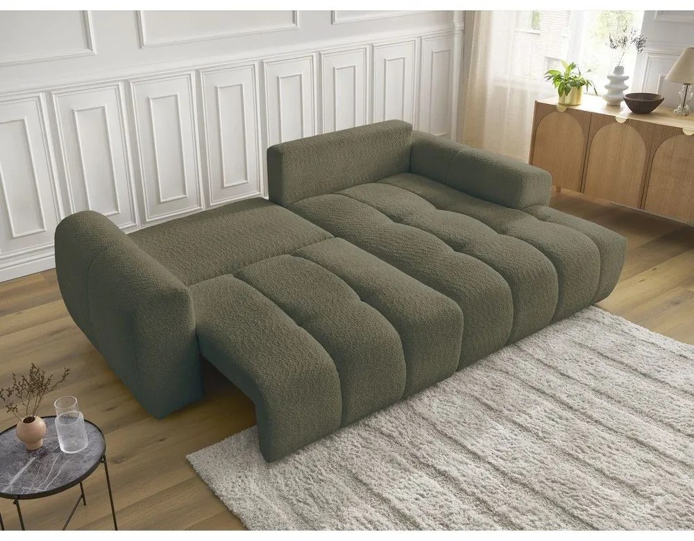 Сгъваем/с място за съхранение ъглов диван от прежда с примки от букле в цвят каки (десен ъгъл) Roxelane – Bobochic Paris